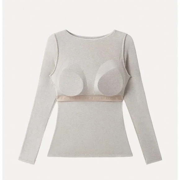 NEW OGL Merino Wool Tencel Drape Neck Long Sleeve Top Beige Large Built-in Bra - Picture 4 of 8